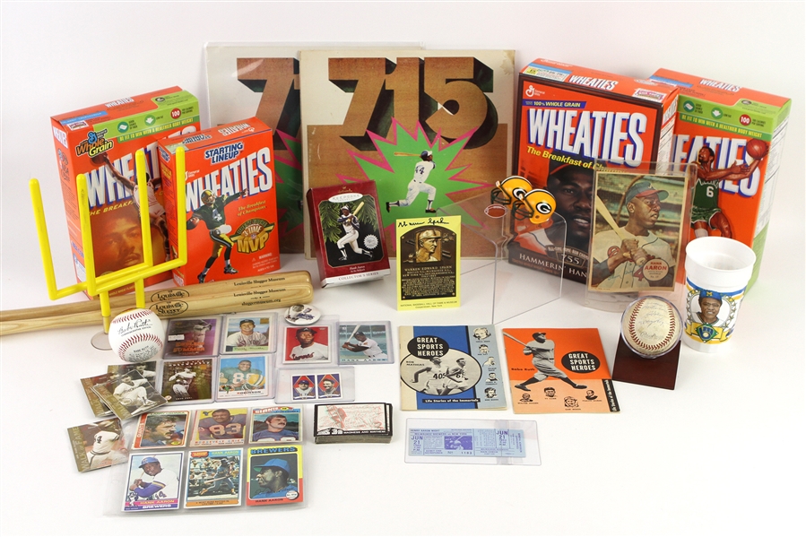 1960s-2000s Sports Memorabilia Collection - Lot of 67 w/ Statues, Wheaties Boxes, Hank Aaron Items & More 