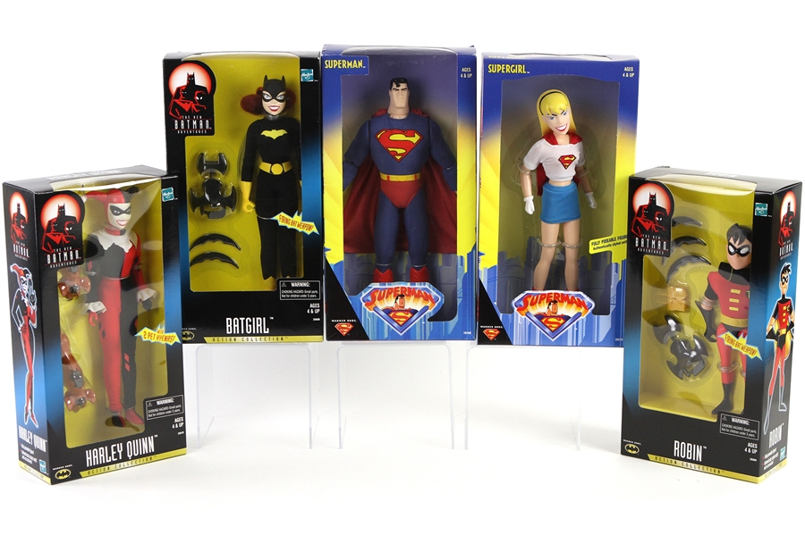 1998 New Batman Adventures & Superman MIB 12" Action Figures - Lot of 6 w/ Superman, Supergirl, Batgirl, Robin & Harley Quinn