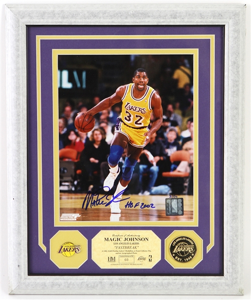 2002 Magic Johnson Los Angeles Lakers Signed 13" x 16" Framed "Fastbreak" Display (JSA) 3/50