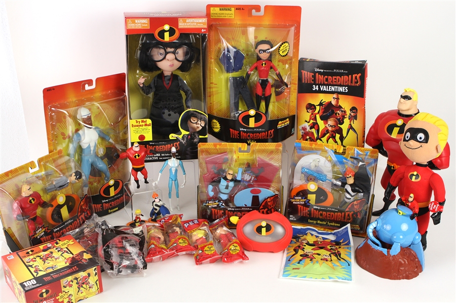 2004 Incredibles Toy Collection - Lot of 70+ w/ MIB Action Figures, MOC Action Figures, Happy Meal Toys, Valentines, Puzzle, Poster & More