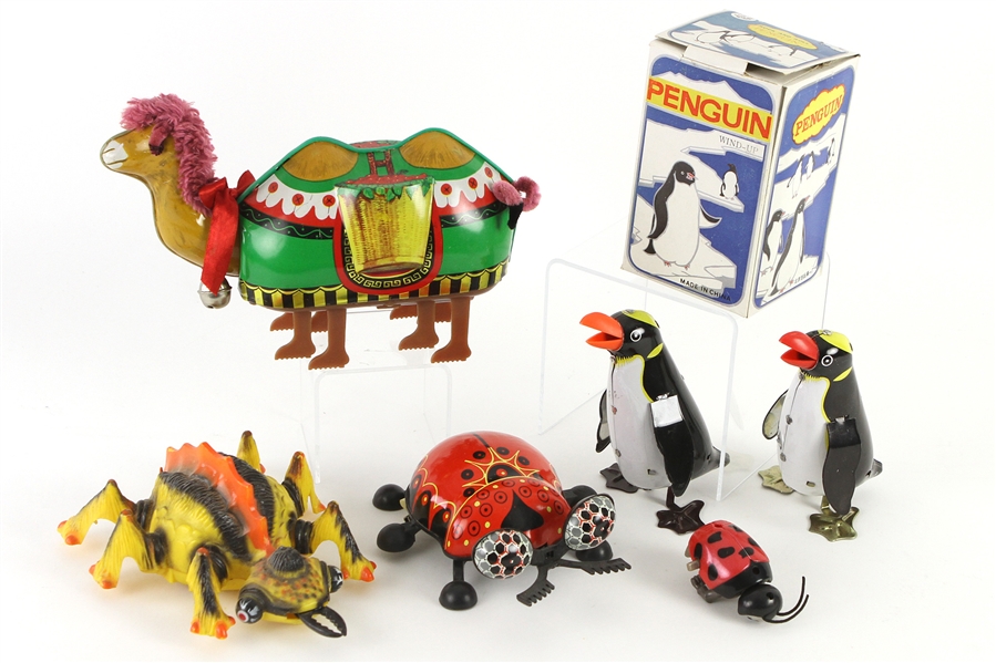 1970s Wind Up Toy Collection - Lot of 6 w/ Rock & Roll Penguin in Original Box, Camel, Lady Bug & More