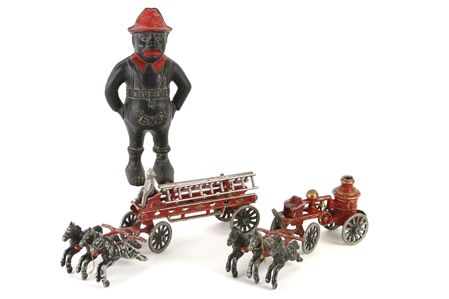 1940s Pressed Steel Toy Collection - Lot of 3 w/ Horse Drawn Fire Vehicles & Give Me a Penny Bank
