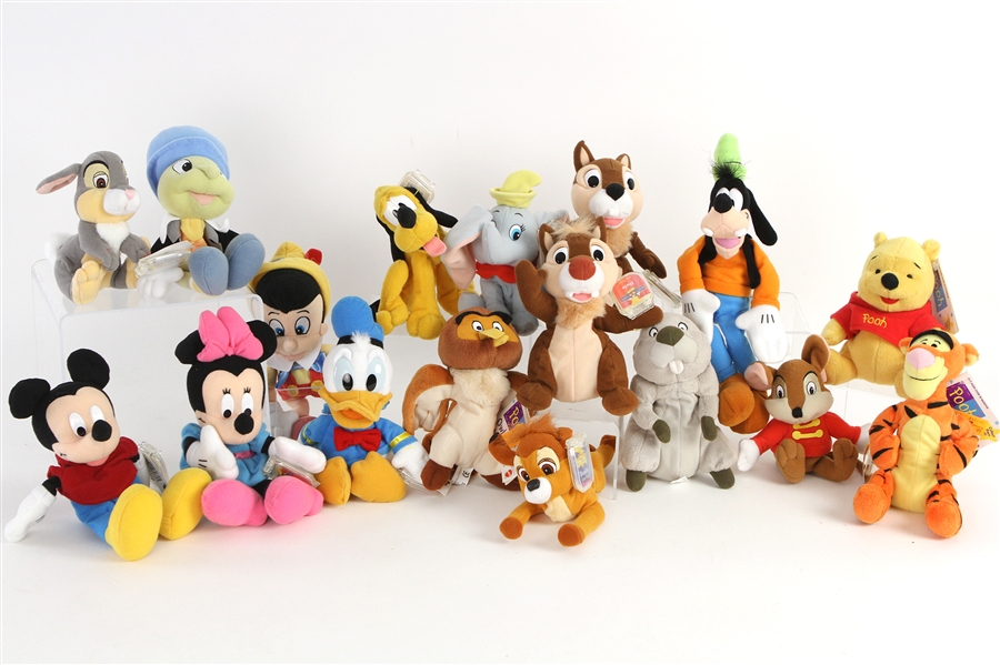2000s Disney Classics Stuffed Bean Toy Collection - Lot of 17 w/ Mickey Mouse, Minnie Mouse, Pinocchio, Dumbo, Goofy, Pluto, Winnie The Pooh, Tigger, Jiminy Cricket & More