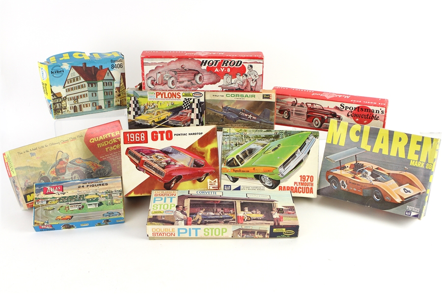 1960s Model Kit Collection - Lot of 14 w/ Planes, Automobiles, Double Station Pit Stop & More