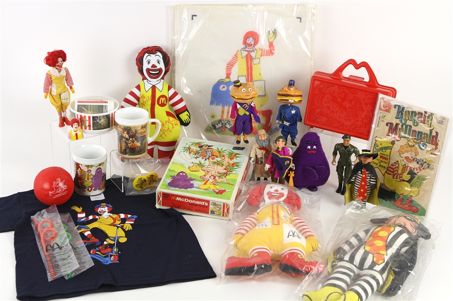 1970s-80s McDonalds Toy Collection - Lot of 34 w/ Plates, Plush Toys, Action Figures, Needlepoint Sets & More