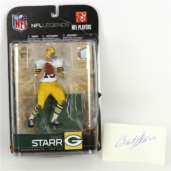 2009 Bart Starr Green Bay Packers McFarlane Figurine and Autographed Index Card (Lot of 2) (JSA)