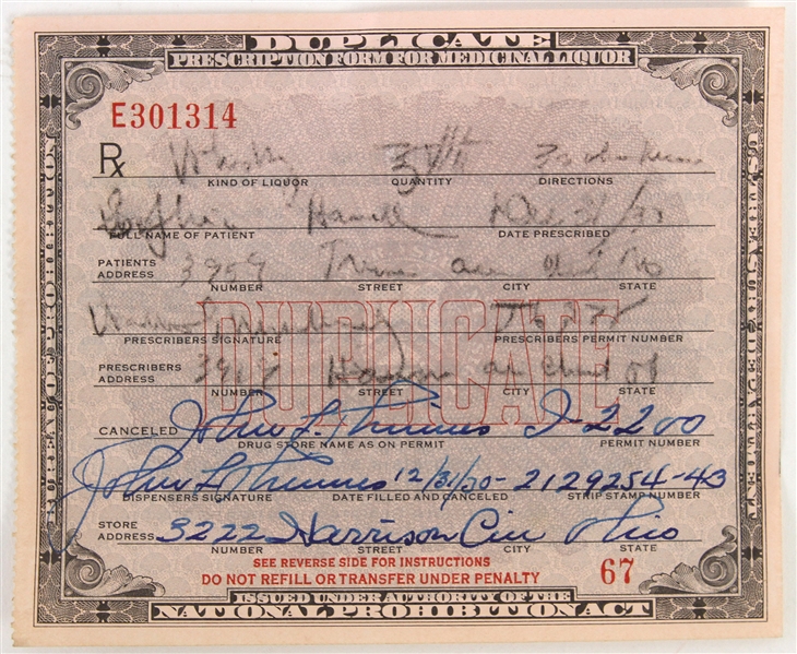 1930 Whiskey Prescription Form For Medicinal Liquor Issued During Prohibition