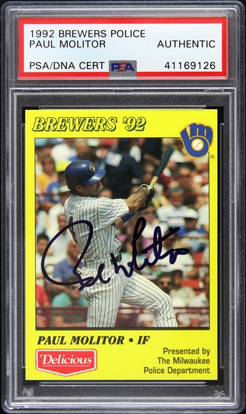 1992 Paul Molitor Milwaukee Brewers Autographed Milwaukee Police Department Trading Card (PSA/DNA Slabbed)