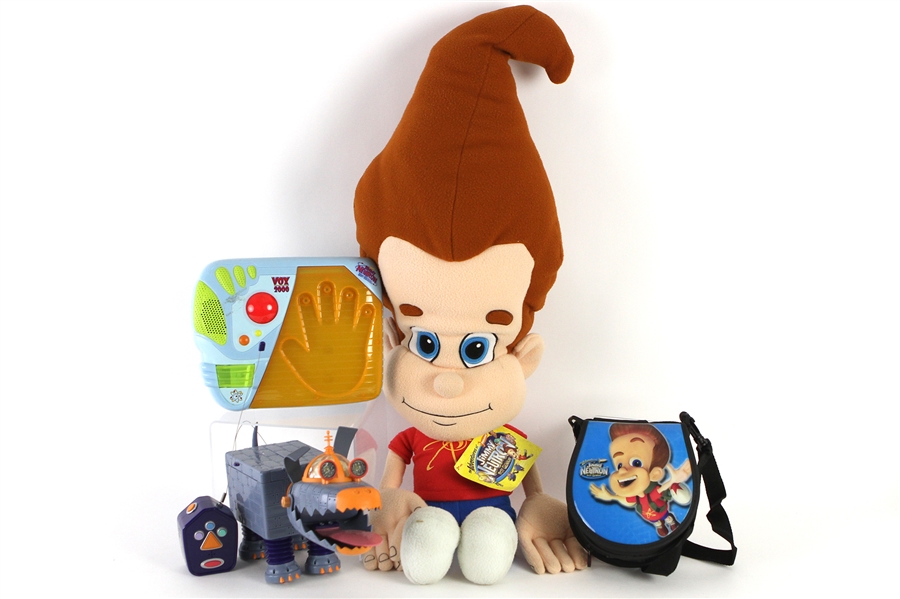 2001 Jimmy Neutron Boy Genius Toy Collection - Lot of 4 w/ 36" Stuffed Cuddle Pillow, Radio Controlled K9 Goddard & More