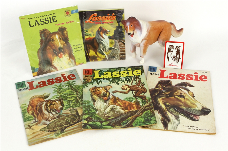 1950s-1970s Lassie Memorabilia Including Action Figure, Comic Books, Book, and More (Lot of 7) 