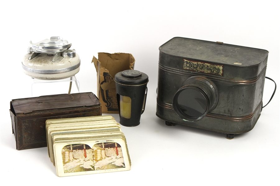 1900s-50s Mirrorscope Projector w/ 100 Cards, Noma Blackout Lantern & Electrolux Extension Cord 