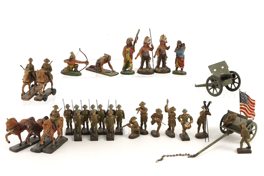 1950s-60s Die Cast & Molded Cowboys Indians MIlitary Toy Collection - Lot of 40+