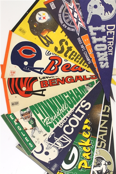 1960s-90s Football Full Size Pennant Collection - Lot of 55 w/ Baltimore Colts, Randall Cunningham, Super Bowls, Toronto Argonauts & More