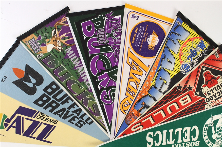 1970s-90s Basketball Full Size Pennant Collection - Lot of 11 w/ Buffalo Braves, New Orleans Jazz, Harlem Globetrotters & More