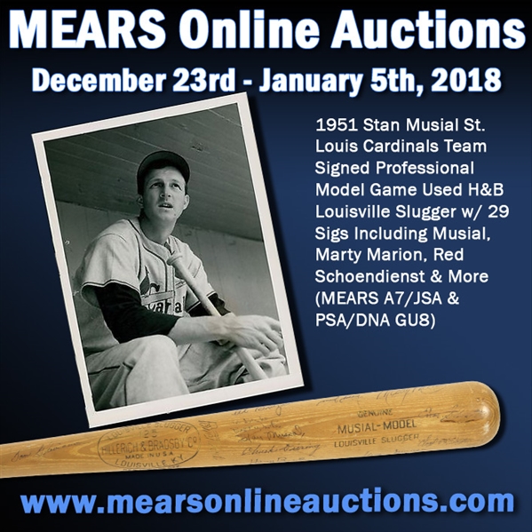 1951 Stan Musial St. Louis Cardinals Team Signed Professional Model Game Used H&B Louisville Slugger w/ 29 Sigs Including Musial, Marty Marion, Red Schoendienst & More (MEARS A7/JSA & PSA/DNA GU8) 