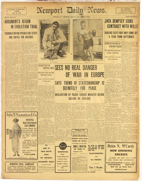 1925 Jack Dempsey Harry Wills World Heavyweight Title Bout Newport Daily News Newspaper