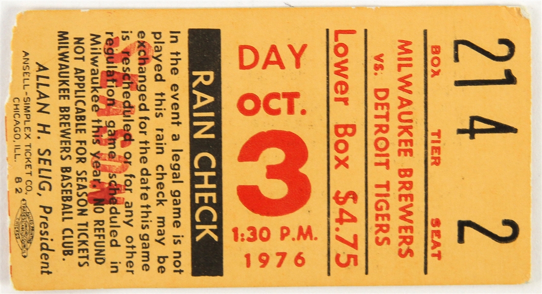 1976 (October 3) Hank Aaron Milwaukee Brewers Final Game Ticket Stub 