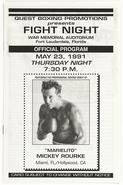 1991 Mickey Rourke Professional Boxing Debut Fight Program