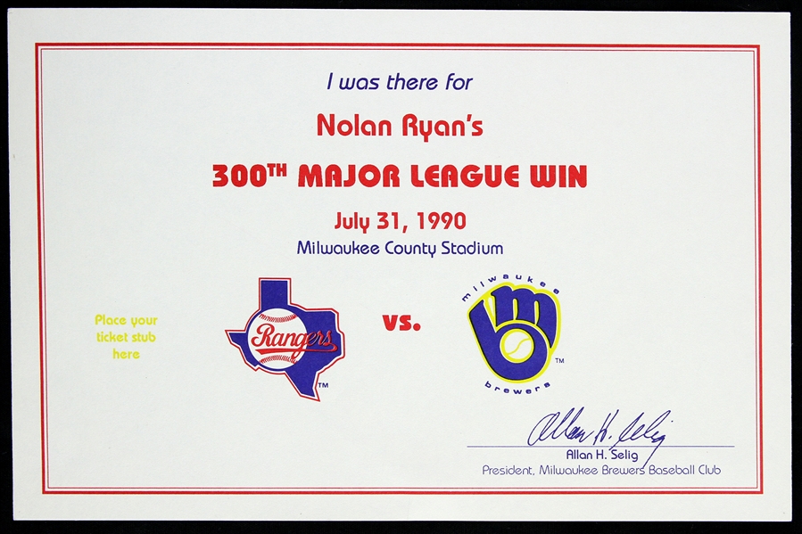 1990 Nolan Ryan Texas Rangers 300th Major League Win 5"x 8" Milwaukee County Stadium Certificate 
