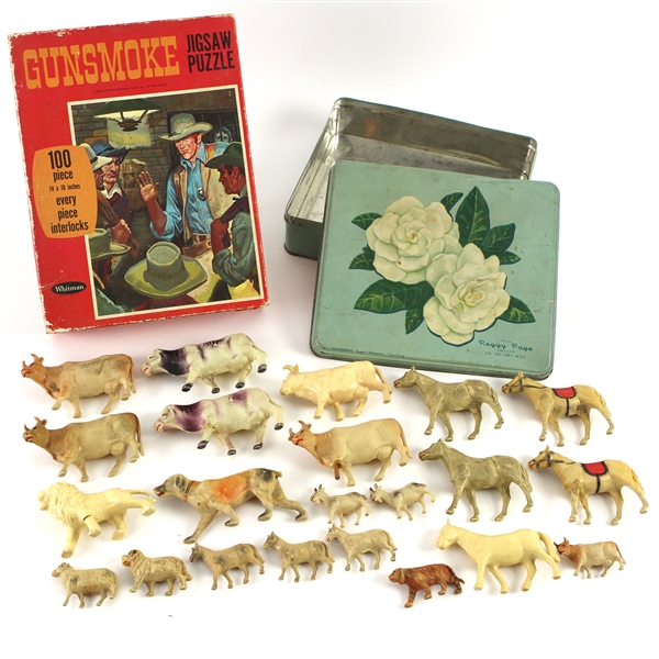 1960s-70s Western Toy Collection - Lot of 23 w/ Gunsmoke Whitman Jigsaw Puzzle & Toy Animal Array