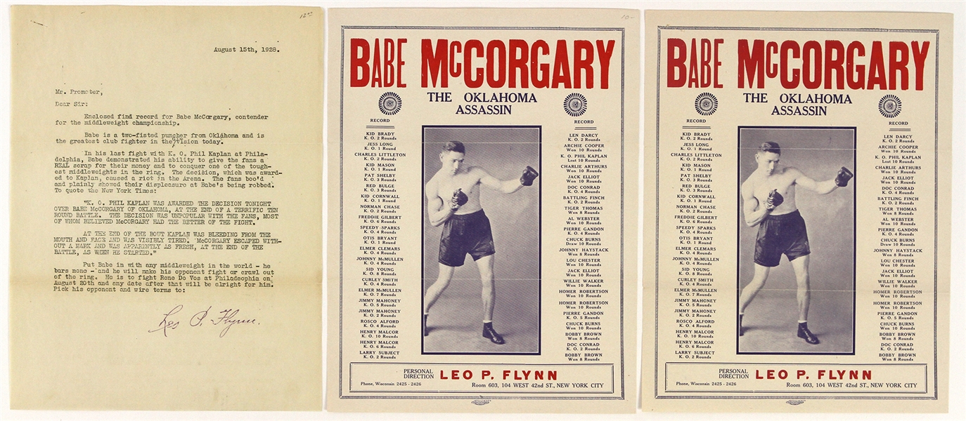 1928 Babe McCorgary The Oklahoma Assassin Promotional Material - Lot of 3 w/ 2 Promo Sheets & Manager Letter