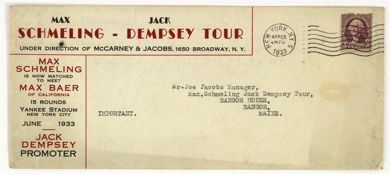 1933 Jack Dempsey Max Schmeling Tour 3.5”x8” Envelope