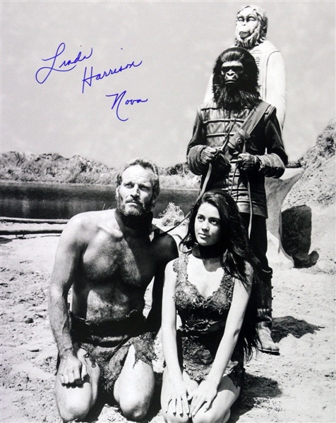 1968 Linda Harrison Planet of the Apes (pictured kneeling alongside Heston) Signed LE 16x20 B&W Photo (JSA) 