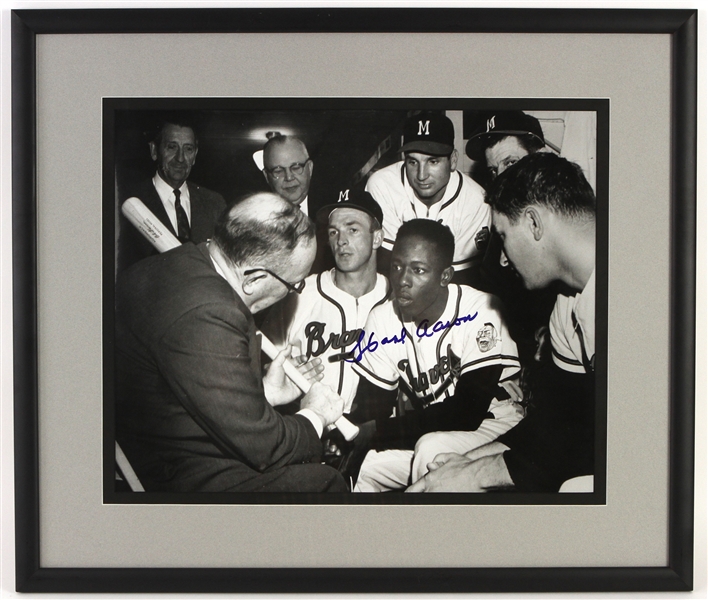 1957 Hank Aaron Milwaukee Braves Signed 24" x 28" Framed Black & White Photo w/ Ty Cobb (JSA) 