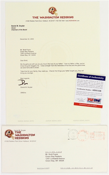 2003 Dan Snyder Washington Redskins Signed Condolence Letter To Brett Favre Following Death of Father (PSA/DNA)