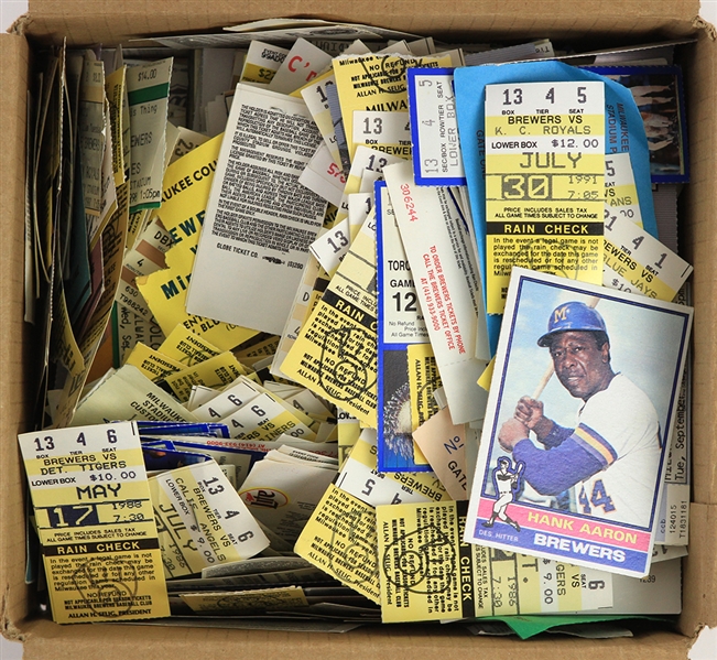 1980s-2000s Milwaukee Brewers County Stadium Miller Park Ticket/Stub/Parking Pass Collection - Lot of 500 + 1976 Topps Hank Aaron