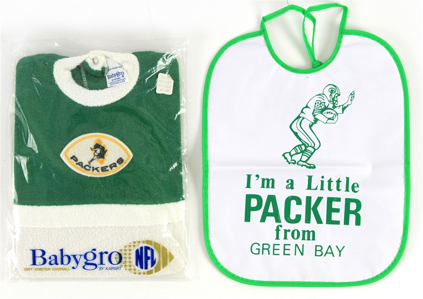 1960s-70s Green Bay Packers Youth Apparel - Lot of 2 w/ Sealed BabyGro Coveralls & Im A Little Packer Bib