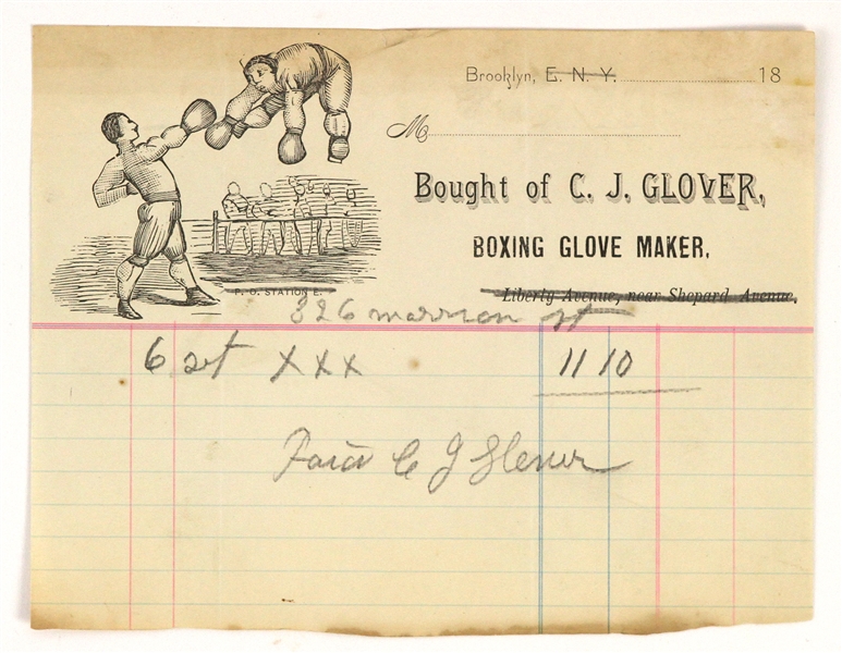 1910s CJ Glover Boxing Glove Maker Sales Receipt