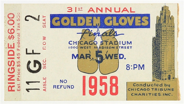 1958 (March 5) Cassius Clay Muhammad Ali Chicago Stadium Golden Gloves Finals Ticket Stub 