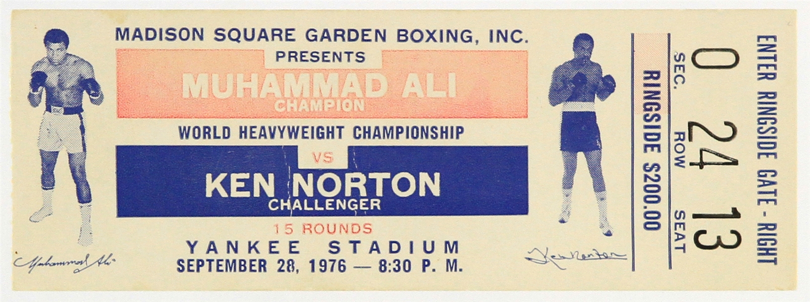 1976 (September 28) Muhammad Ali Ken Norton Yankee Stadium Heavyweight Title Fight Ticket Stub