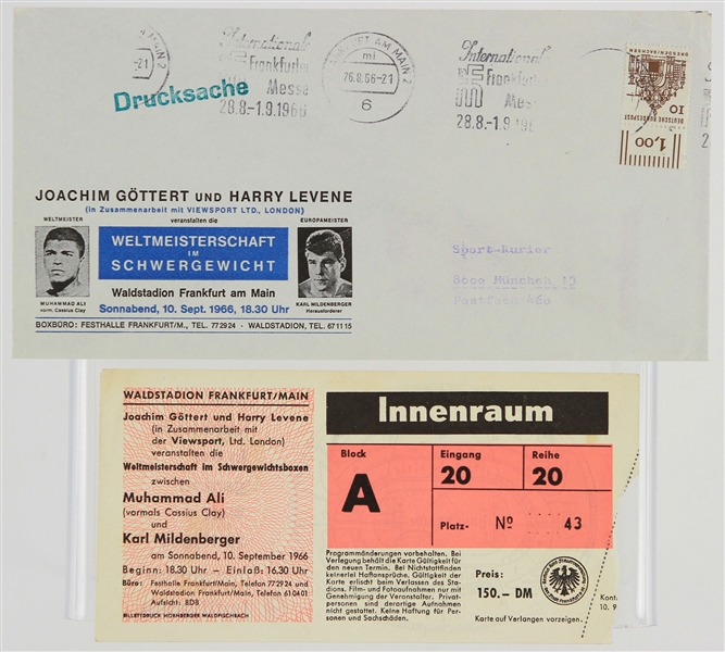 1966 (September 10) Muhammad Ali Karl Mildenberger Waldstadion Heavyweight Title Fight German Language Ticket Stub w/ Original Mailing Envelope