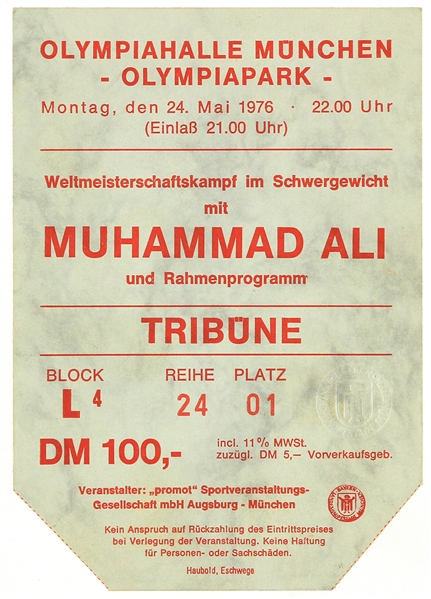 1976 (May 24) Muhammad Ali Richard Dunn Olympiahalle Heavyweight Title Fight German Language Ticket Stub