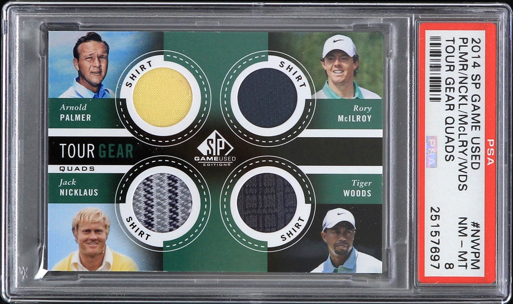 2014 Tiger Woods Arnold Palmer Jack Nicklaus Rory McIlroy SP Game Used Trading Card (PSA Slabbed NM-MT 8) 