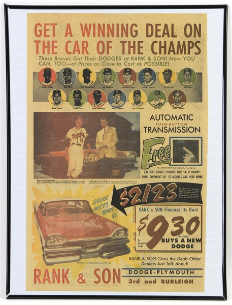 1957 Milwaukee Braves 18" x 24" Framed Rank & Son "Get A Winning Deal On The Car Of Champs" Newspaper Ad