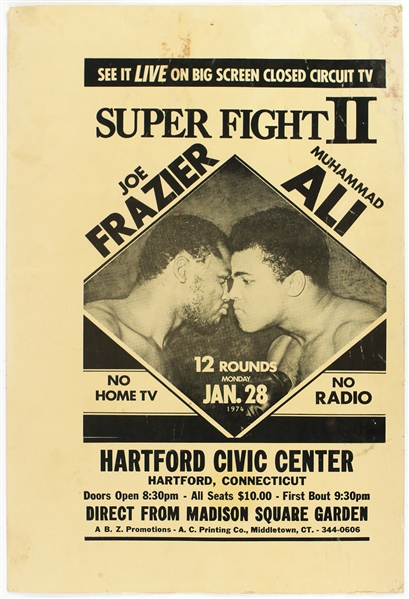 1974 (January 28) Muhammad Ali Joe Frazier II Heavyweight Title Fight 17.5" x 26" Closed Circuit Broadside 