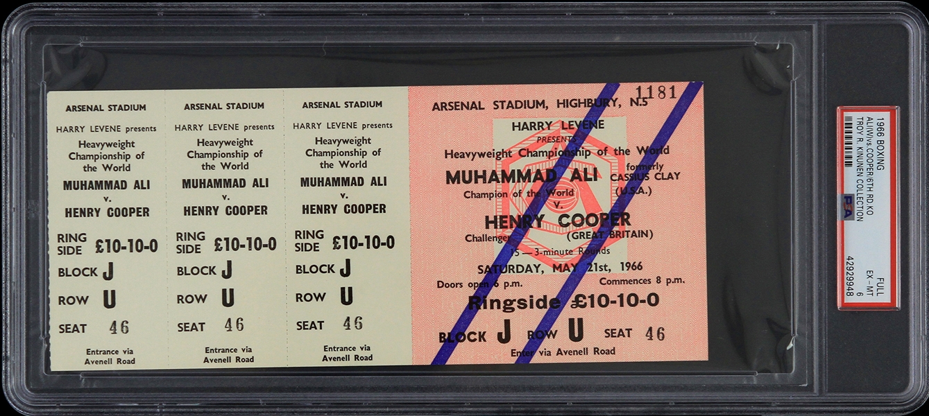 1966 Muhammad Ali vs Henry Cooper 6th Round KO Full Ticket (PSA EX-MT 6 Slabbed)