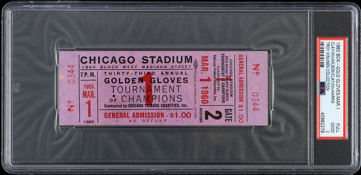 1960 Cassius Clay vs John Wilson/Henry Harris Golden Gloves Tournament Full Ticket (PSA Good 2 Slabbed) 