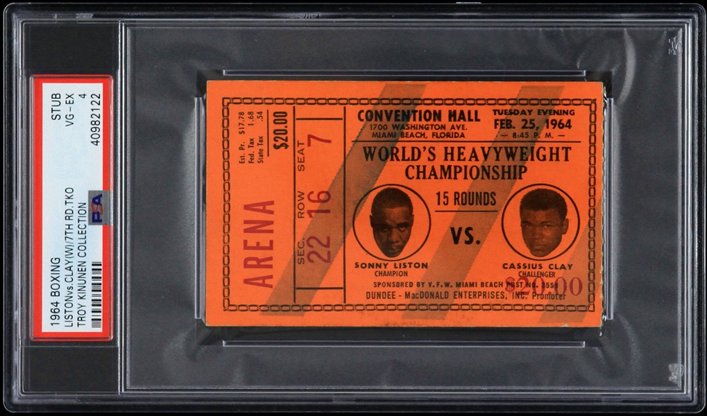 1964 Cassius Clay vs Sonny Liston 7th Round TKO World Heavyweight Championship Ticket Stub (PSA VG-EX 4 Slabbed) 
