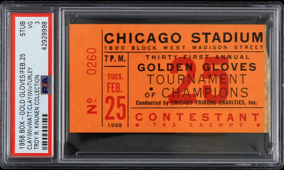1958 Cassius Clay vs Alex Watts/Francis Turley Golden Gloves Tournament Ticket Stub (PSA VG 3 Slabbed) 