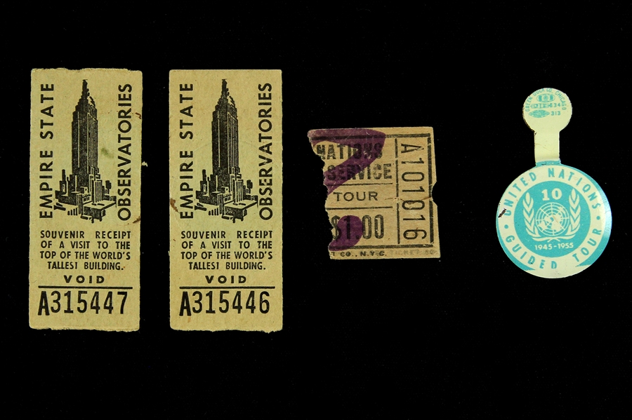 1945-1955 United Nations Guided Tour Fold Over Pin w/ Empire State Observatories Souvenir Receipts