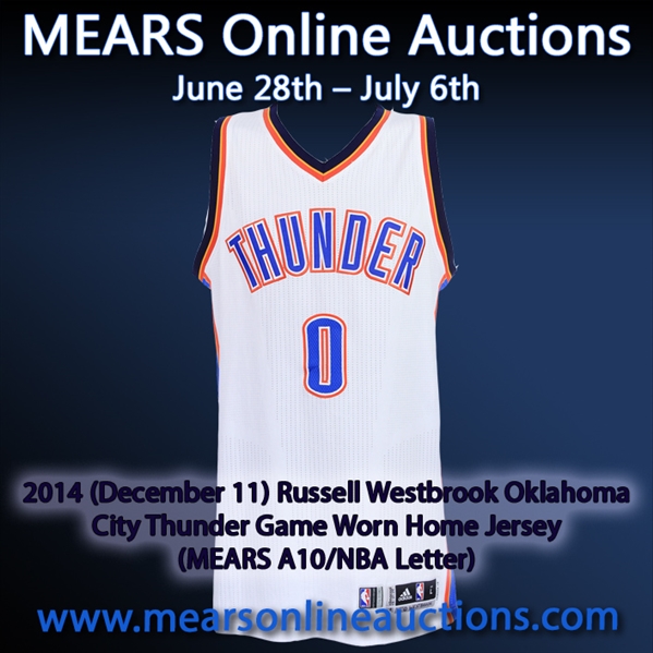 2014 (December 11) Russell Westbrook Oklahoma City Thunder Game Worn Home Jersey (MEARS A10/NBA Letter)
