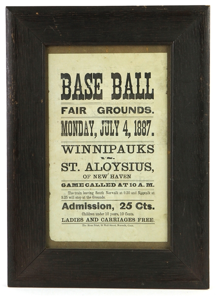 1887 (July 4) Winnipauks vs St. Aloysius of New Haven 10" x 14" Framed Baseball Broadside