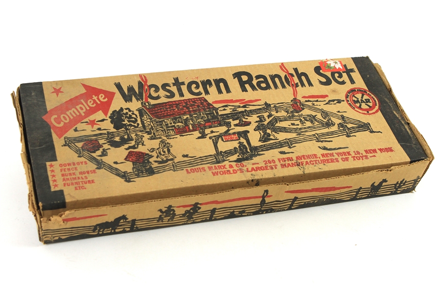 1950s Louis Marx Western Ranch Set Toy Box w/ 50+ Pieces