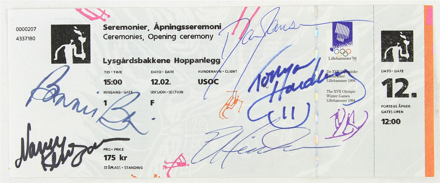 1994 Winter Olympics Ticket from Lillehammer signed by (5) Skaters (*JSA*) - Bonnie Blair, Nancy Kerrigan, Dan Janssen, Tanya Harding, & Eric Heiden