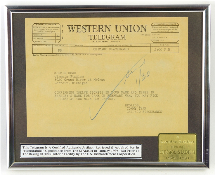 1964 Gordie Howe Detroit Red Wings Ticket Confirmation Western Union Telegram