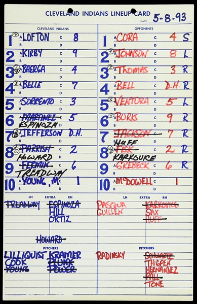 1993 (May 8) Cleveland Indians Chicago White Sox Lineup Card (MEARS LOA)